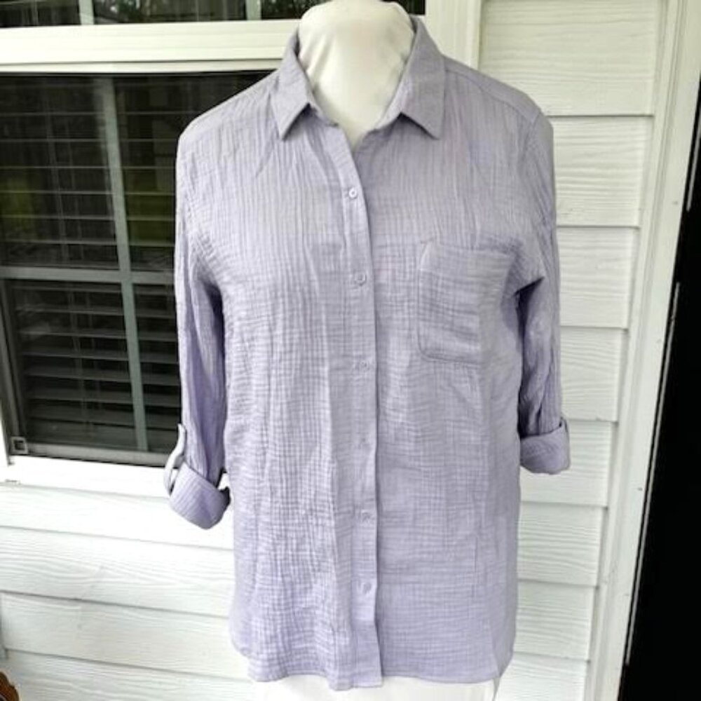 Nine West Cotton-Gauze Long Button-Tab Sleeve Button Down Women's Medium M Lilac